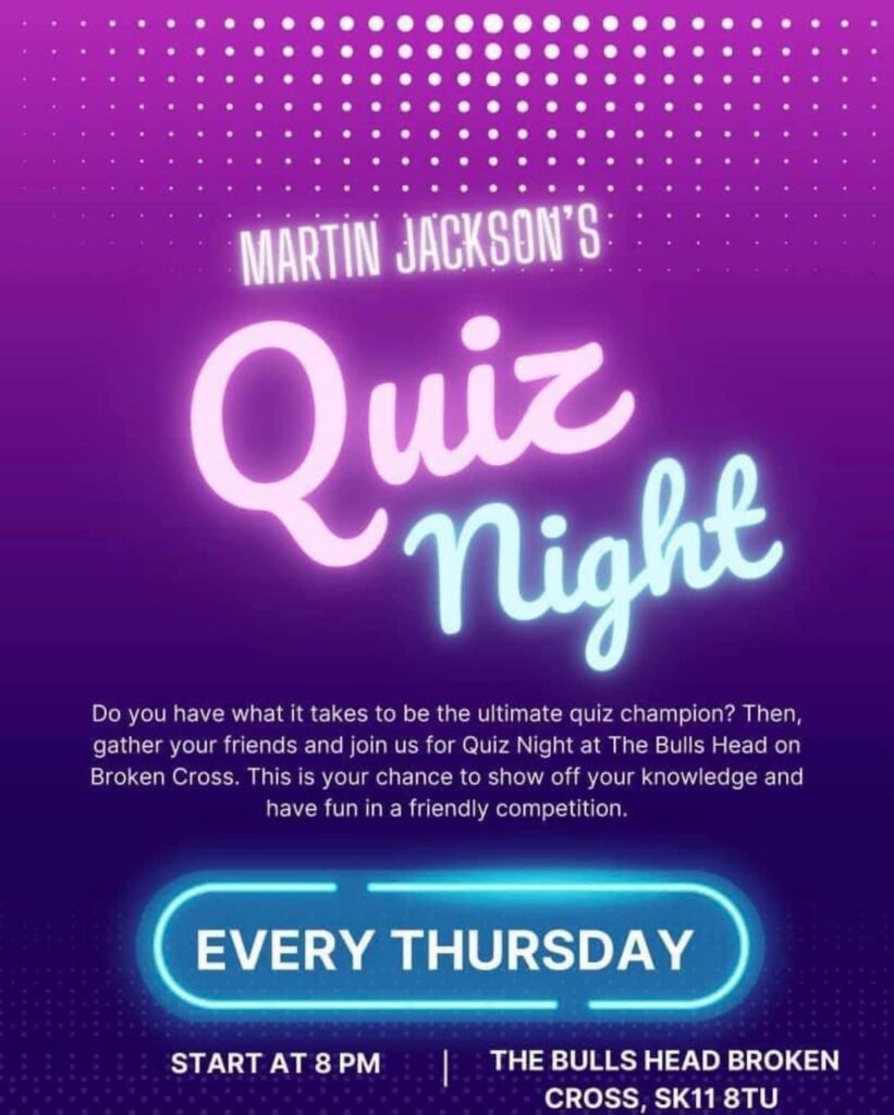 Martin Jackson's Quiz Night, every Thursday at The Bulls Head Macclesfield